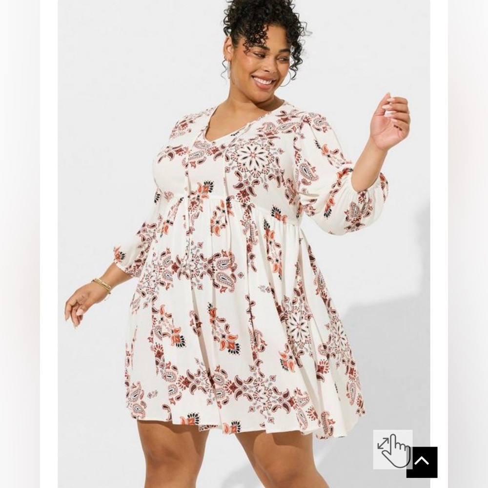 Torrid NWT White Paisley Mini Washable Gauze Tunic Dress - 26W - 3/4 Sleeves